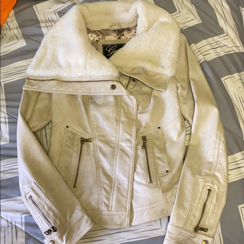 Guess leather jacket with fur